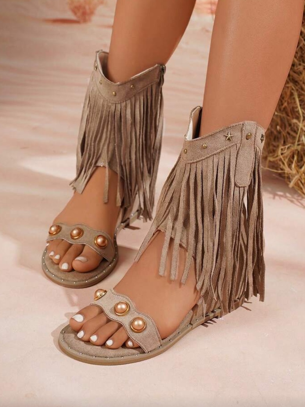 Fringe Gladiator Sandals in Taupe - Women's Boho Ankle Fringe Sandals